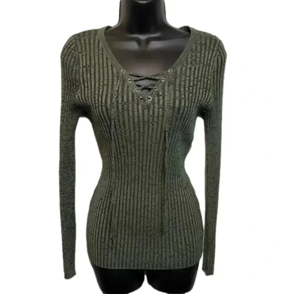 ARIZONA Jean Co. Sweater Women’s Green Lace up Collar Ribbed‎ Knit Pullover